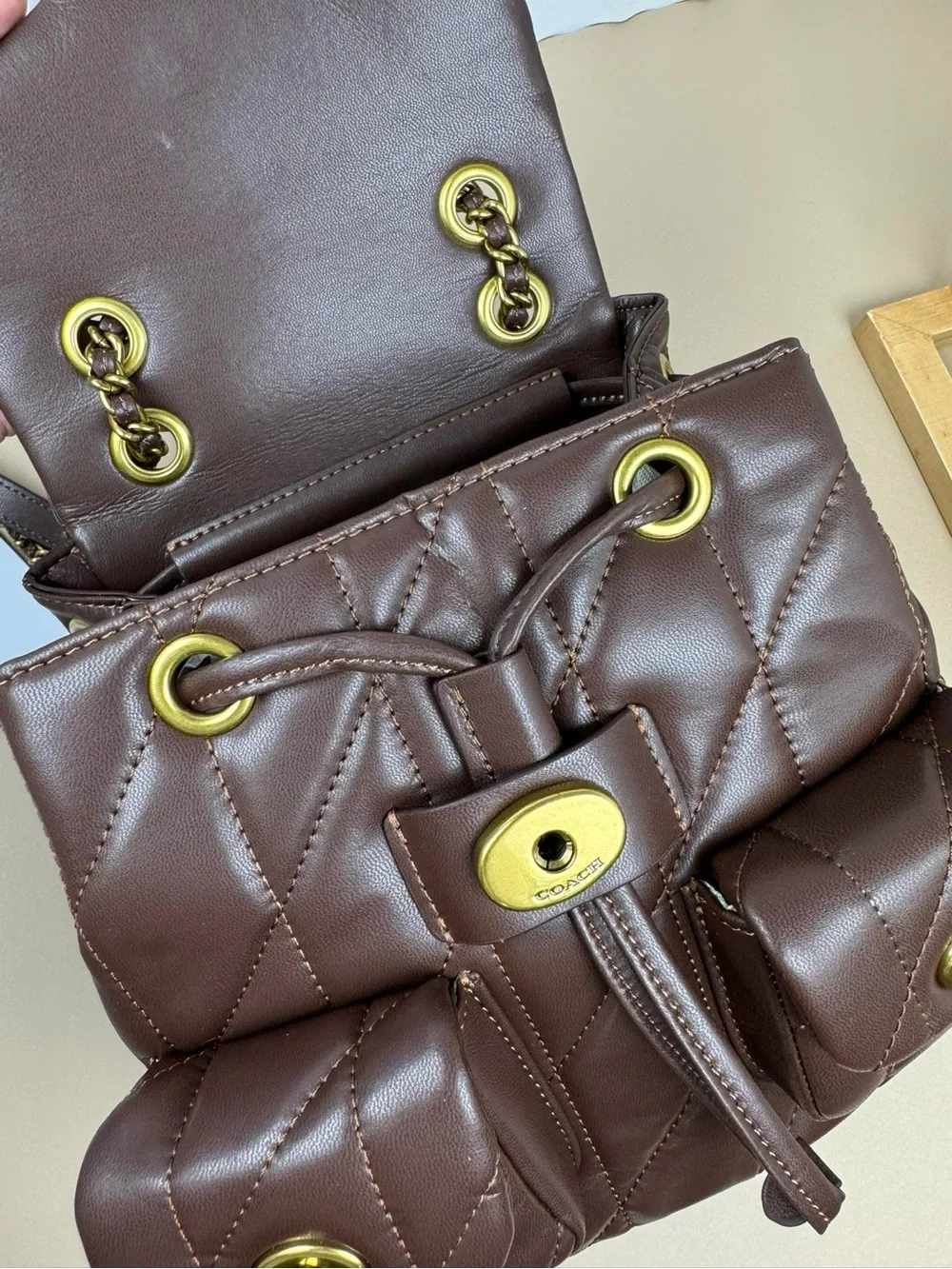 Quilted Brown Women's Backpack Handbag with Gold Hardware